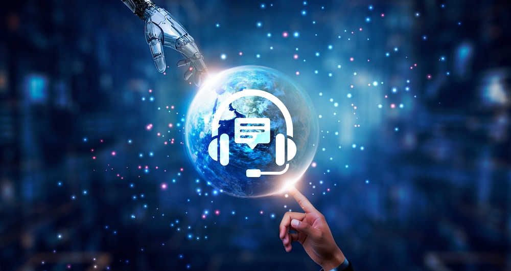 Human and robotic hands meet at the globe, with a headset overlayed, to illustrate the value of AI and Automation in helping Customer Service agents create success in the contact center